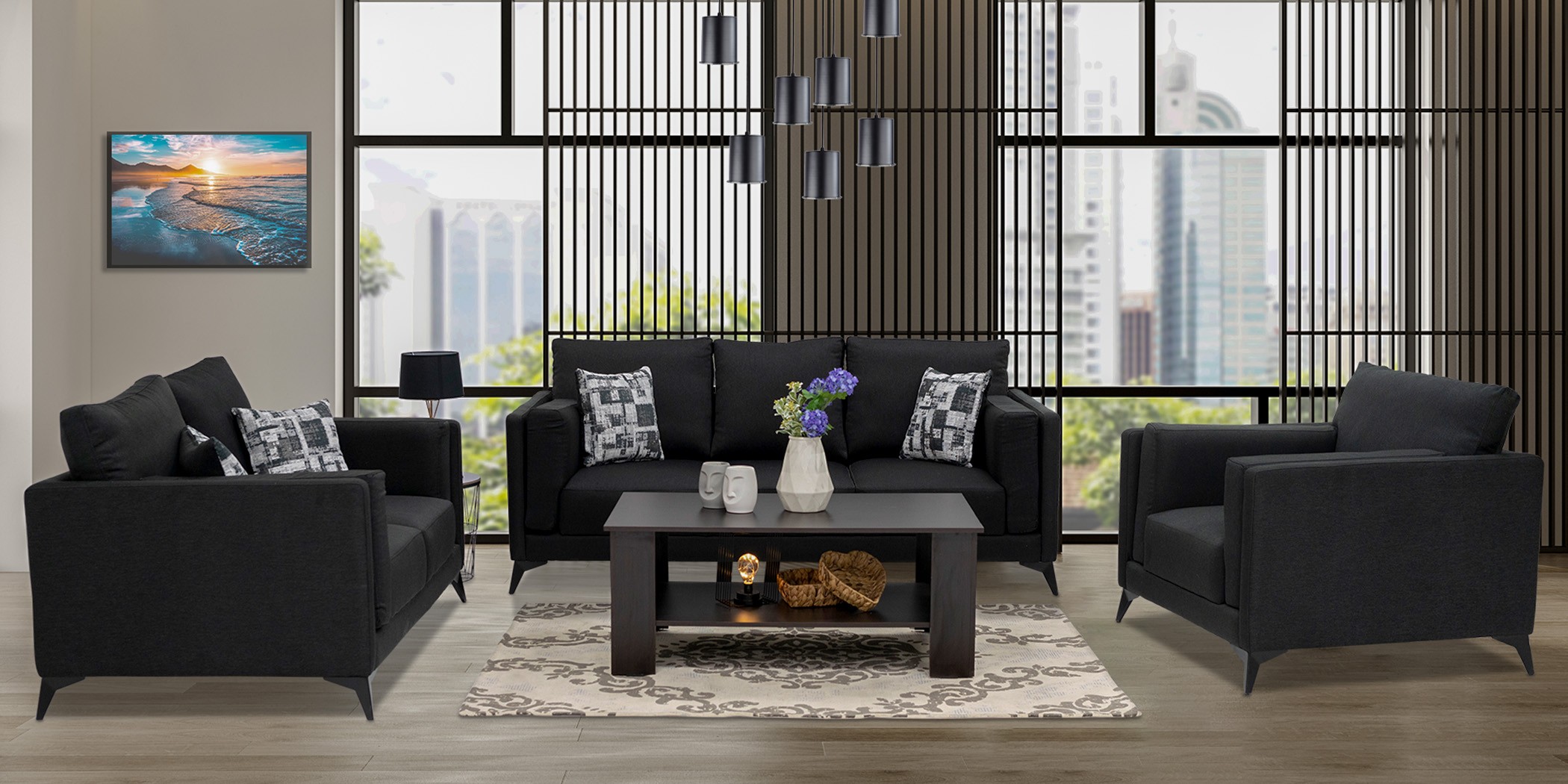 Burbank Sofa 3+2+1 Black Fabric