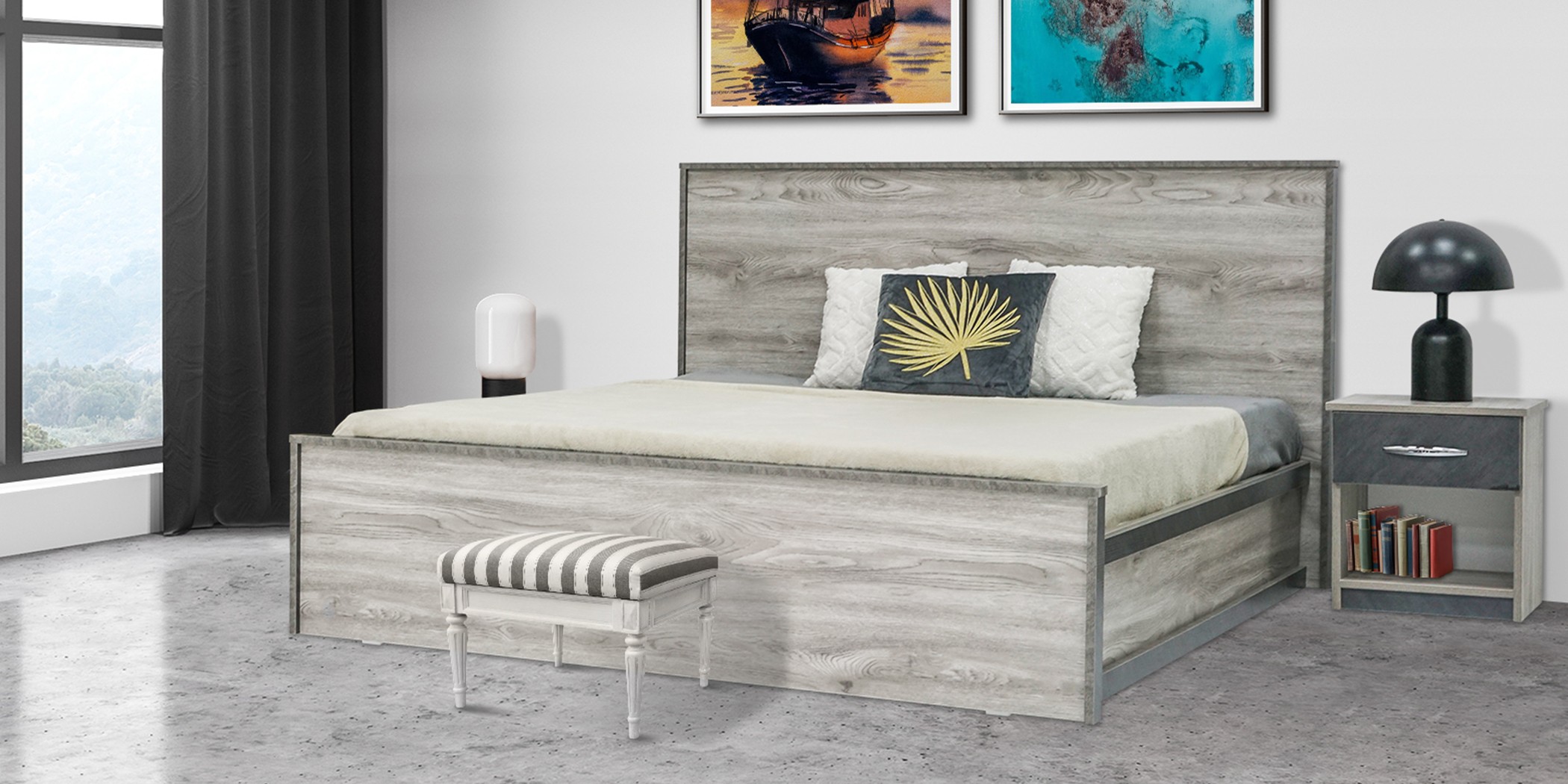 Kinzey Bed 150x190 MDF Grey Mistral & Stone