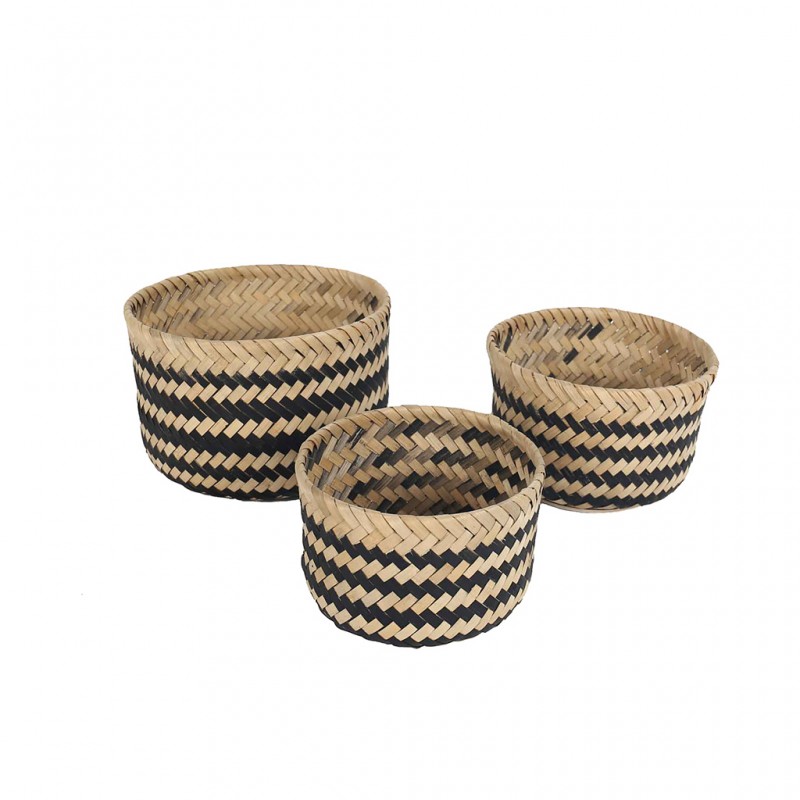Set of 3 Rattan Flower Stand Beige & Black Set of 3 Rattan Flower Stand Beige & Black