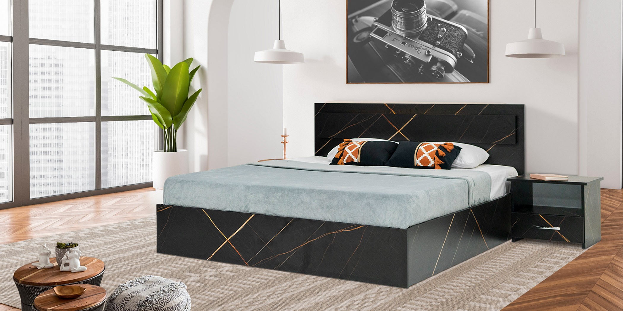 Florence Bed 160x200 cm MDF Black Flake