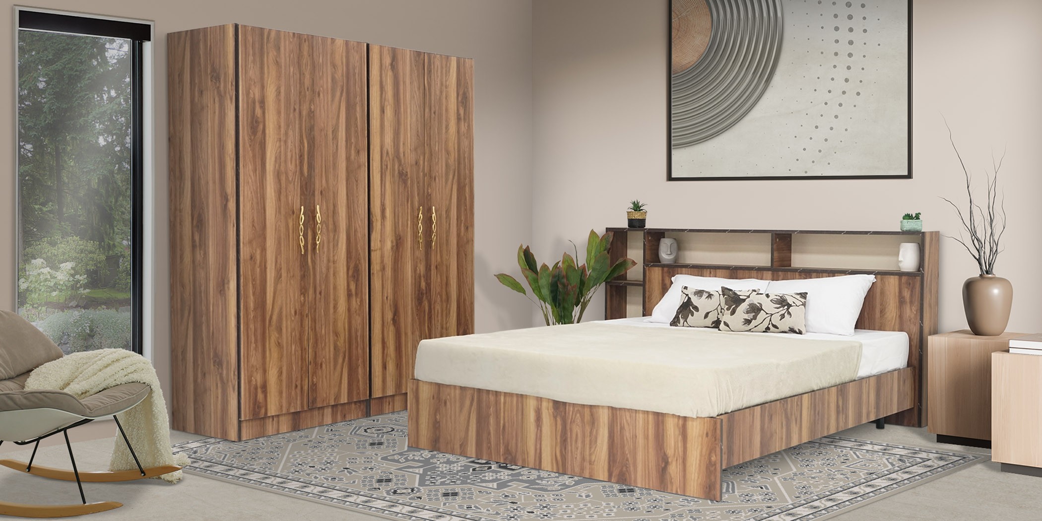 Benson Bedroom Set Bed(150x190cm) & 4 Doors Wardrobe Sapphire Oak