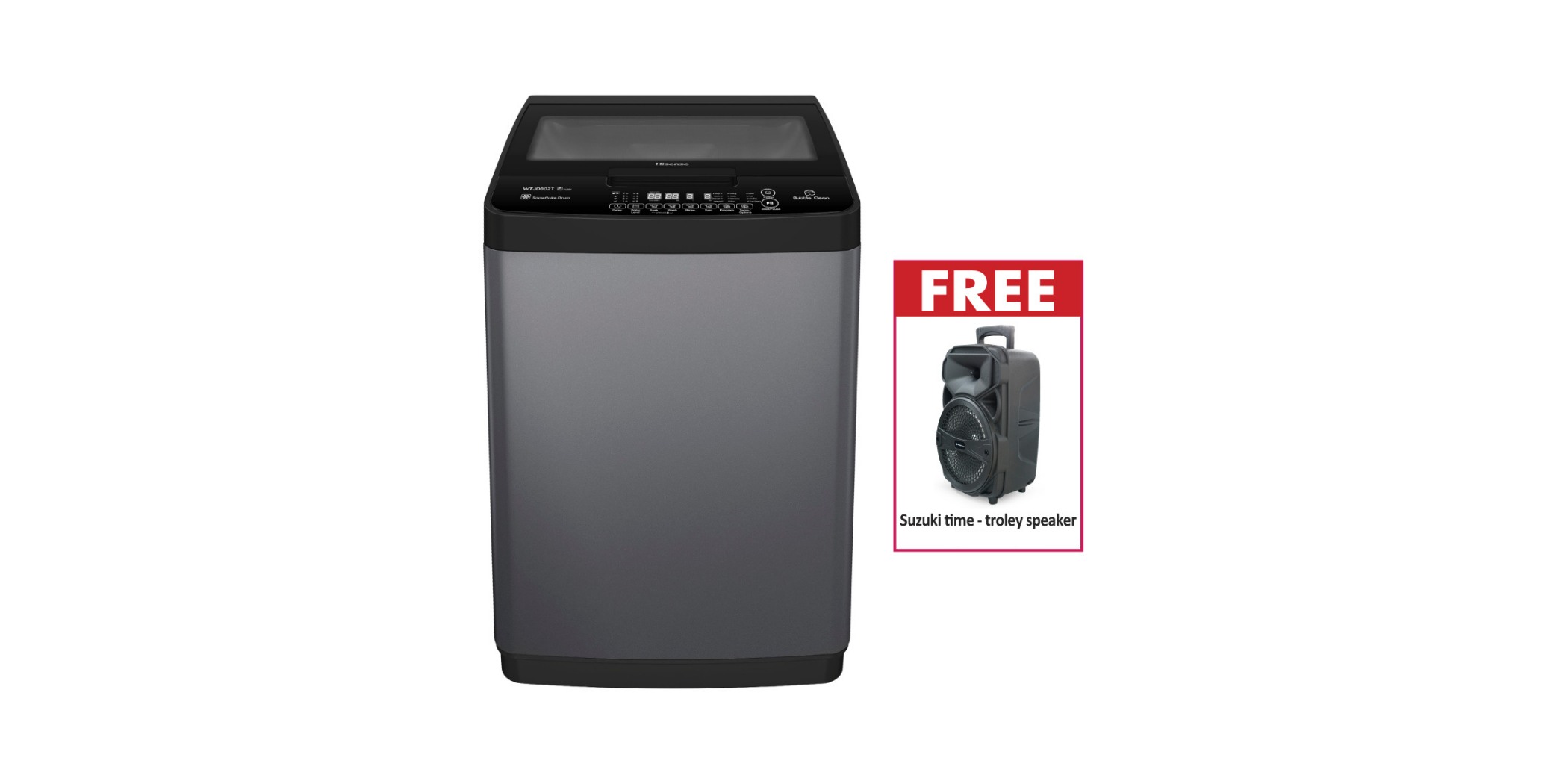 Hisense WTJD802T Washing Machine & Free Suzuki time-trolley speaker